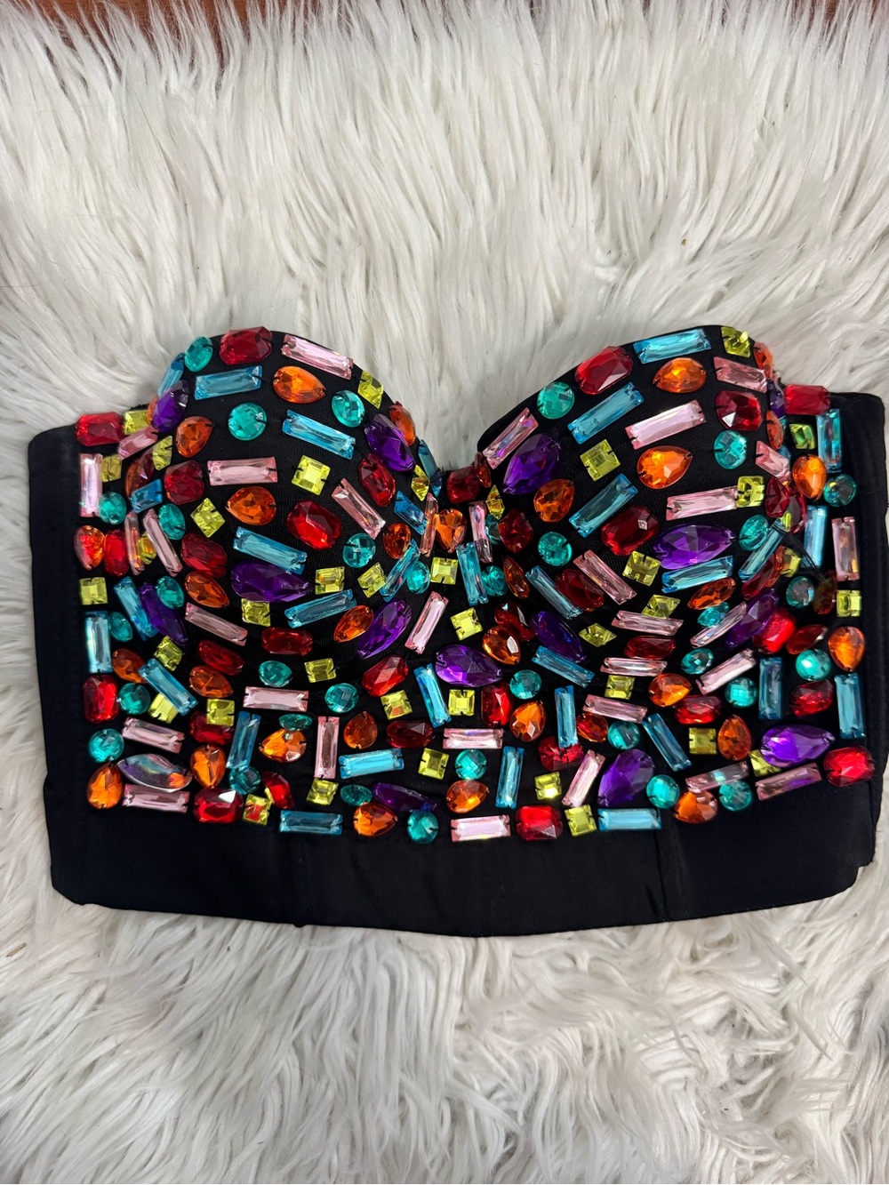 Embellished Bustier Crop Top - Black with Multicolor Gems